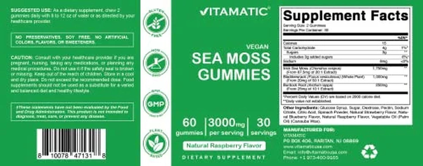 Irish Sea Moss Gummies - 3000 Mg - 60 Vegan Gummies - Made with Bladderwrack & Burdock Root - Seamoss Supplement for Thyroid, Energy, Immune Support - Premium Supplements