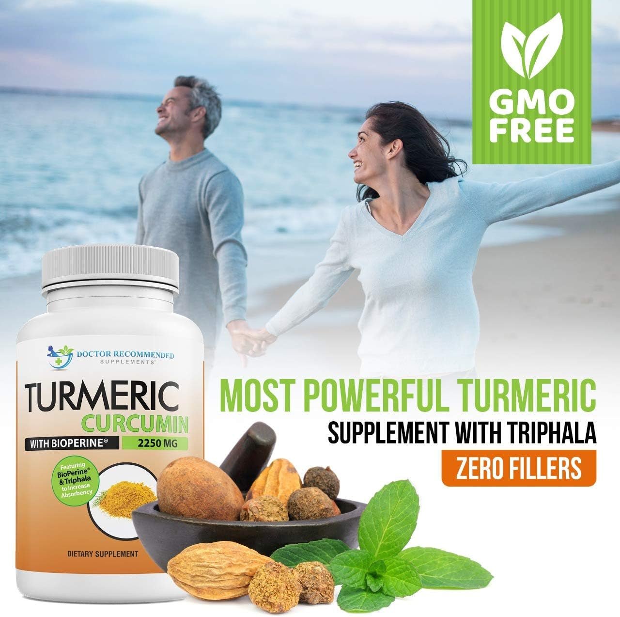 Turmeric Curcumin Supplement - 2250Mg/D - Veggie Caps - 95% Curcuminoids with Black Pepper Extract (Bioperine) - 750Mg Capsules - 100% Organic - Most Powerful Turmeric (180 Count) - Premium Supplements