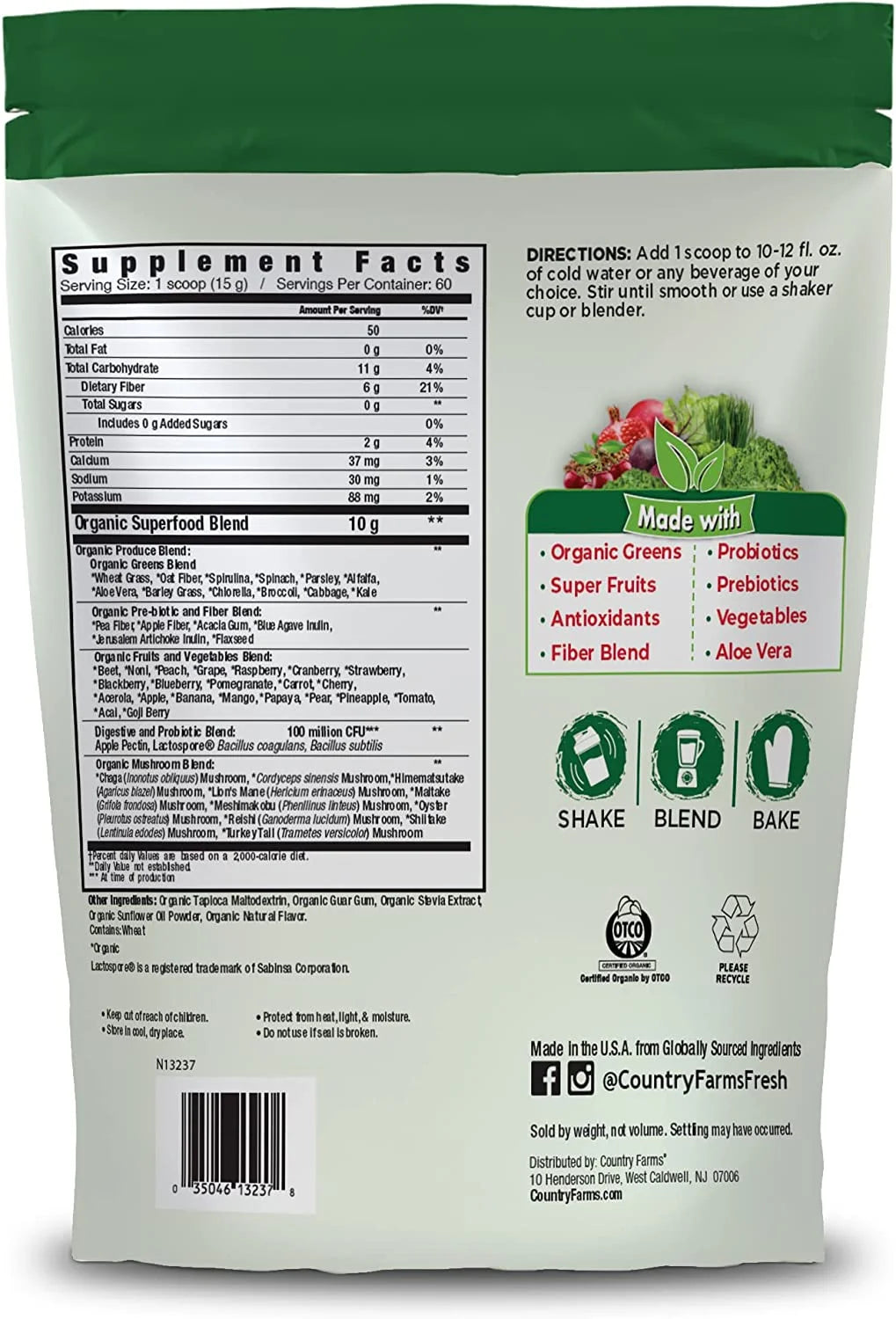 Super Greens Natural Flavor, 50 Organic Super Foods, USDA Organic Drink Mix, Fruits, Vegetables, Super Greens, Mushrooms & Probiotics, Supports Energy, 60 Servings, 31.8 Oz
