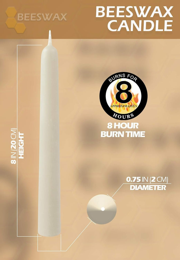 8" Beeswax Taper Candles - 8 Hour Burn Time - White Beeswax Candles - 4 Pack - Premium Supplements
