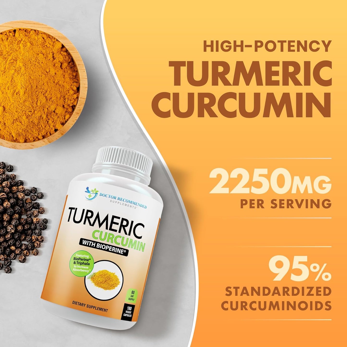 Turmeric Curcumin Supplement - 2250Mg/D - Veggie Caps - 95% Curcuminoids with Black Pepper Extract (Bioperine) - 750Mg Capsules - 100% Organic - Most Powerful Turmeric (180 Count) - Premium Supplements