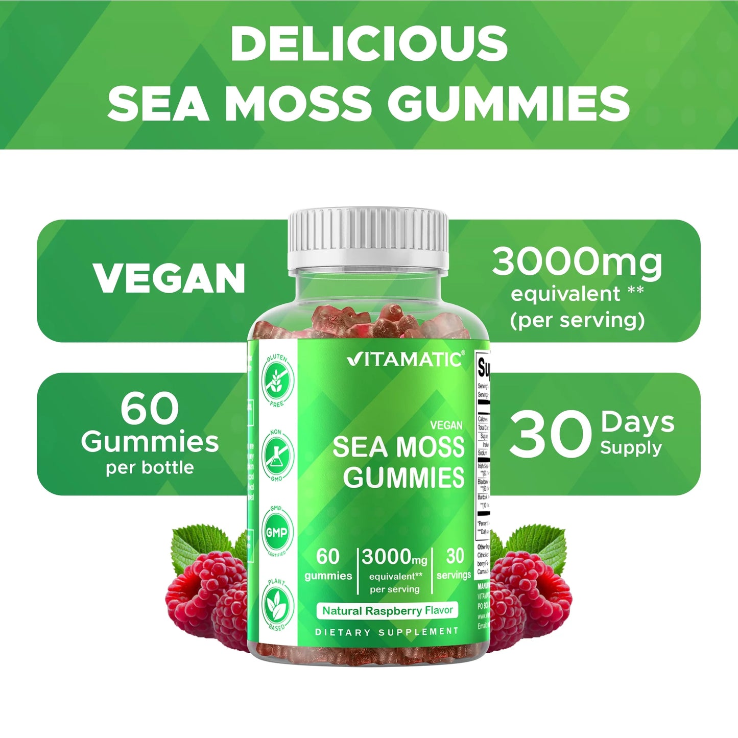 Irish Sea Moss Gummies - 3000 Mg - 60 Vegan Gummies - Made with Bladderwrack & Burdock Root - Seamoss Supplement for Thyroid, Energy, Immune Support - Premium Supplements