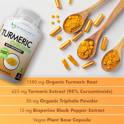 Turmeric Curcumin Supplement - 2250Mg/D - Veggie Caps - 95% Curcuminoids with Black Pepper Extract (Bioperine) - 750Mg Capsules - 100% Organic - Most Powerful Turmeric (180 Count) - Premium Supplements