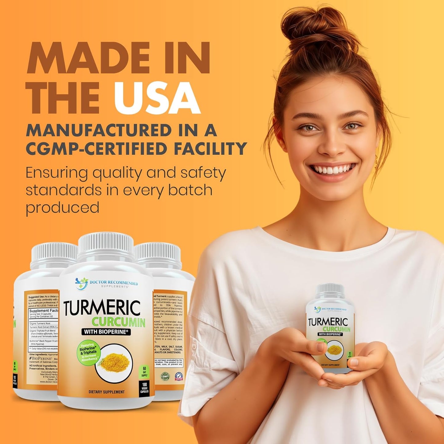 Turmeric Curcumin Supplement - 2250Mg/D - Veggie Caps - 95% Curcuminoids with Black Pepper Extract (Bioperine) - 750Mg Capsules - 100% Organic - Most Powerful Turmeric (180 Count) - Premium Supplements