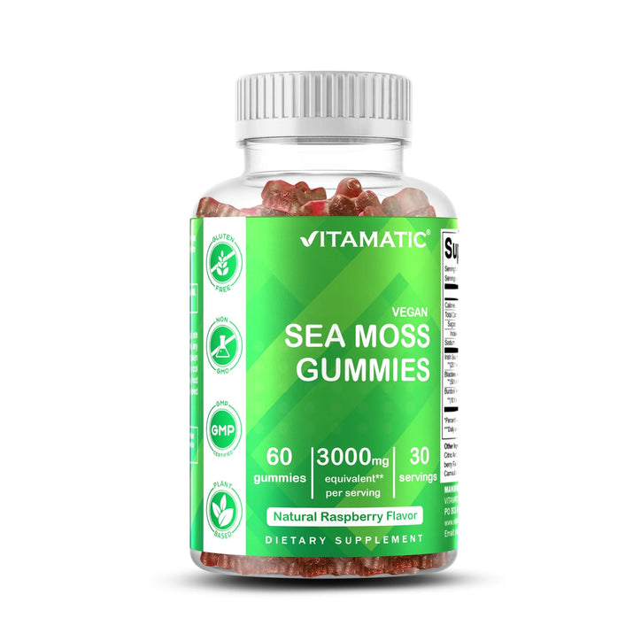 Irish Sea Moss Gummies - 3000 Mg - 60 Vegan Gummies - Made with Bladderwrack & Burdock Root - Seamoss Supplement for Thyroid, Energy, Immune Support - Premium Supplements