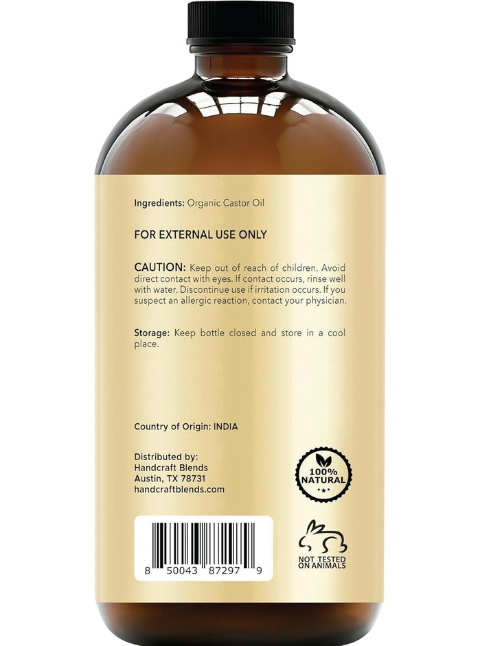 Cold - Pressed Organic Castor Oil in Glass Bottle - 16 Fl Oz - 100% Pure and Natural - Premium Grade Carrier Oil for Hair Growth, Eyelashes and Eyebrows - Hair and Body - Premium Supplements
