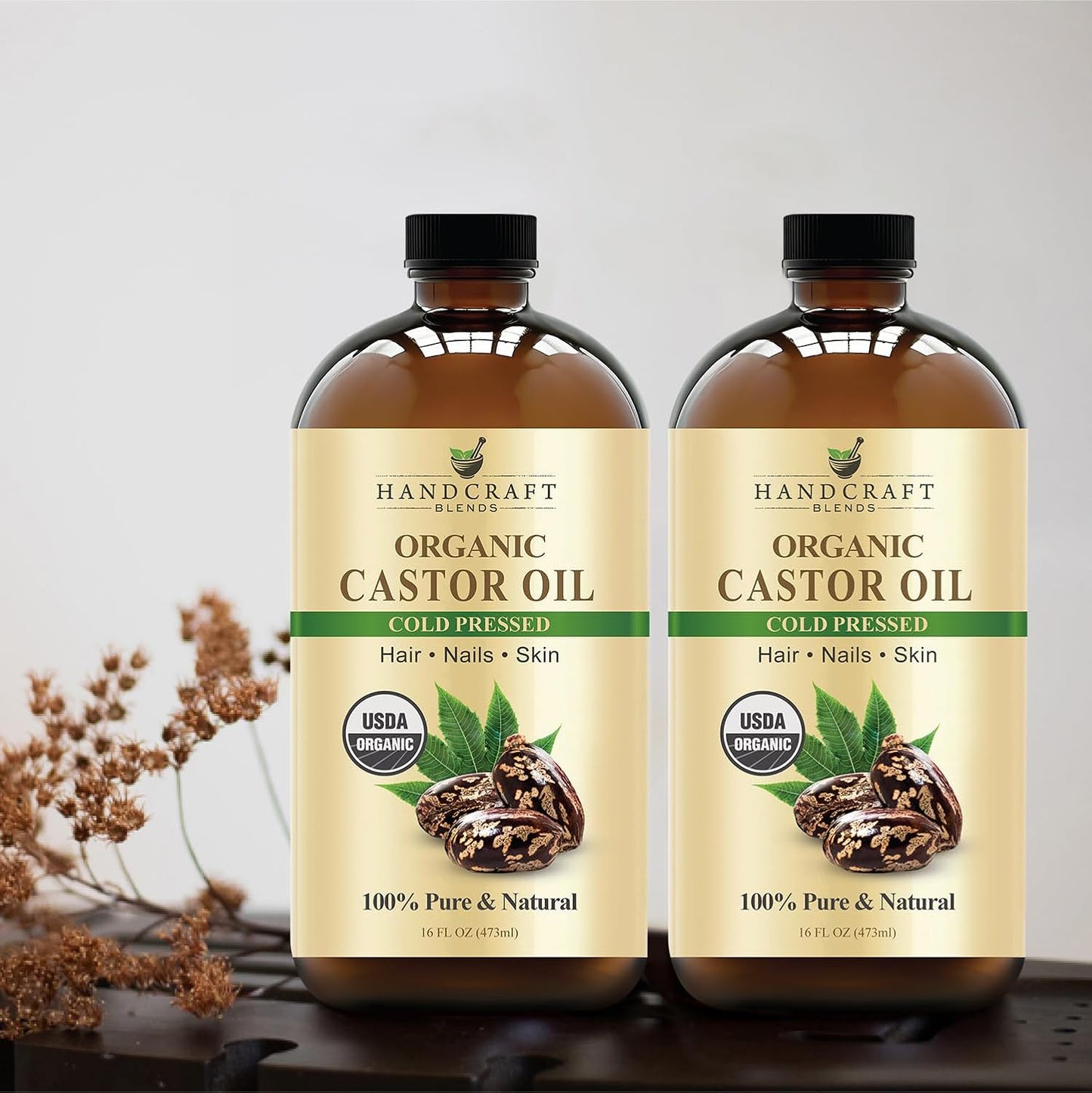 Cold - Pressed Organic Castor Oil in Glass Bottle - 16 Fl Oz - 100% Pure and Natural - Premium Grade Carrier Oil for Hair Growth, Eyelashes and Eyebrows - Hair and Body - Premium Supplements