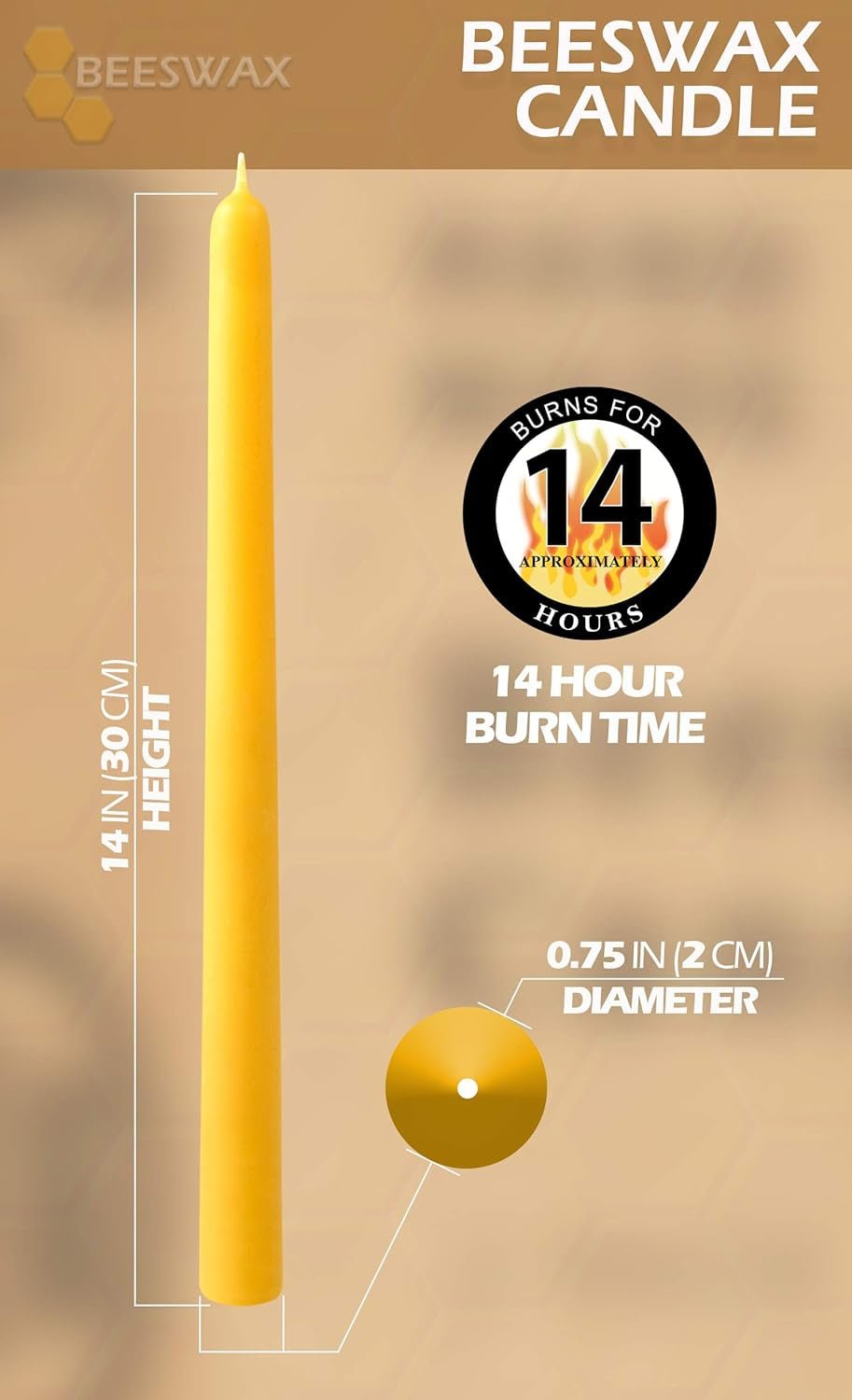 16" Beeswax Taper Candles - 16 Hour Burn Time - Yellow Beeswax Candles - 4 Pack - Premium Supplements