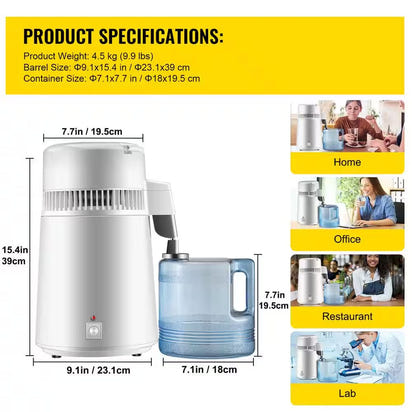 Pure Water Distiller 750W Fully Upgraded with Handle 1.1 Gal. /4L BPA Free Container Perfect for Home Use White - Premium Supplements