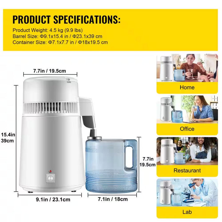 Pure Water Distiller 750W Fully Upgraded with Handle 1.1 Gal. /4L BPA Free Container Perfect for Home Use White - Premium Supplements