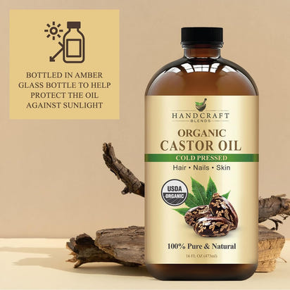 Cold - Pressed Organic Castor Oil in Glass Bottle - 16 Fl Oz - 100% Pure and Natural - Premium Grade Carrier Oil for Hair Growth, Eyelashes and Eyebrows - Hair and Body - Premium Supplements