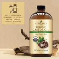 Cold - Pressed Organic Castor Oil in Glass Bottle - 16 Fl Oz - 100% Pure and Natural - Premium Grade Carrier Oil for Hair Growth, Eyelashes and Eyebrows - Hair and Body - Premium Supplements