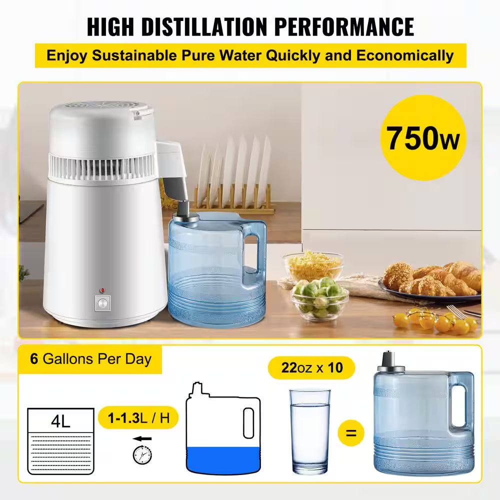Pure Water Distiller 750W Fully Upgraded with Handle 1.1 Gal. /4L BPA Free Container Perfect for Home Use White - Premium Supplements