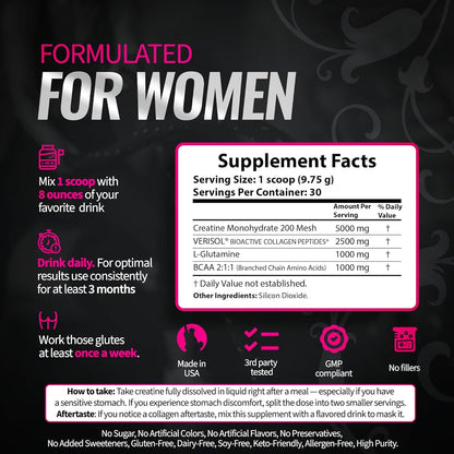Creatine for Women - Booty Builder Supplement with Collagen & BCAA - Supports Gl