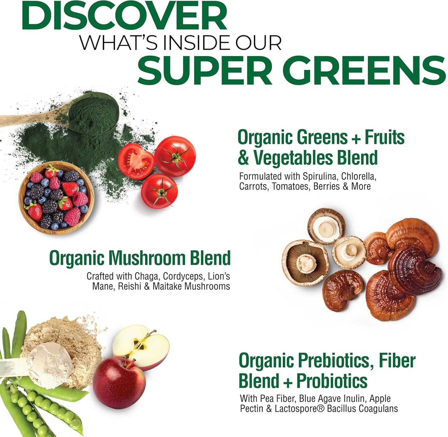 Super Greens Natural Flavor, 50 Organic Super Foods, USDA Organic Drink Mix, Fruits, Vegetables, Super Greens, Mushrooms & Probiotics, Supports Energy, 60 Servings, 31.8 Oz