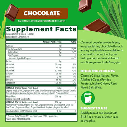 Greens Superfood Powder: Greens Powder with Digestive Enzymes & Probiotics, Organic Spirulina, Chlorella, and Beet Root Powder, Chocolate, 30 Servings - Premium Supplements