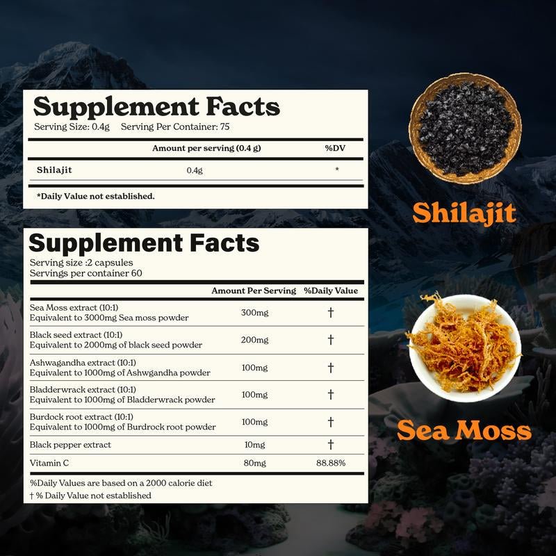 Himalayan Shilajit Sea Moss, Ashwagandha, Black Pepper - Premium Supplements
