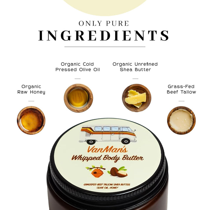 Vanman'S - Whipped Tallow - Body Butter with No Essential Oils - Body Moisturizer with Grass - Fed/Finished Beef Tallow for Skin - Organic Shea Butter, Cold Pressed Olive Oil and Raw Honey - 2.9 Oz - Premium Supplements
