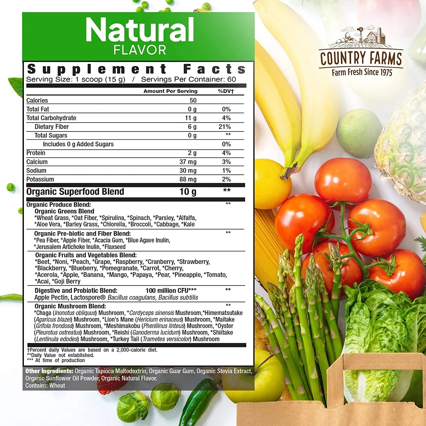 Super Greens Natural Flavor, 50 Organic Super Foods, USDA Organic Drink Mix, Fruits, Vegetables, Super Greens, Mushrooms & Probiotics, Supports Energy, 60 Servings, 31.8 Oz