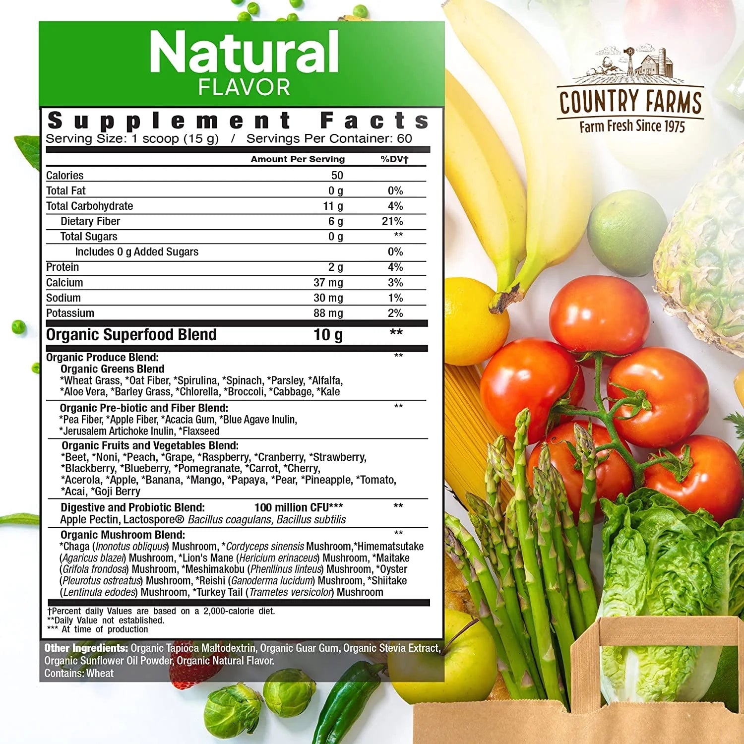 Super Greens Natural Flavor, 50 Organic Super Foods, USDA Organic Drink Mix, Fruits, Vegetables, Super Greens, Mushrooms & Probiotics, Supports Energy, 60 Servings, 31.8 Oz