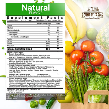 Super Greens Natural Flavor, 50 Organic Super Foods, USDA Organic Drink Mix, Fruits, Vegetables, Super Greens, Mushrooms & Probiotics, Supports Energy, 60 Servings, 31.8 Oz