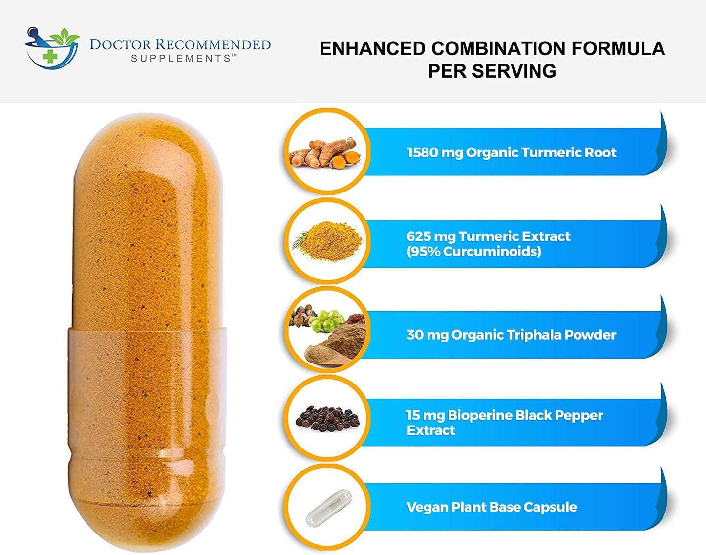 Turmeric Curcumin Supplement - 2250Mg/D - Veggie Caps - 95% Curcuminoids with Black Pepper Extract (Bioperine) - 750Mg Capsules - 100% Organic - Most Powerful Turmeric (180 Count) - Premium Supplements