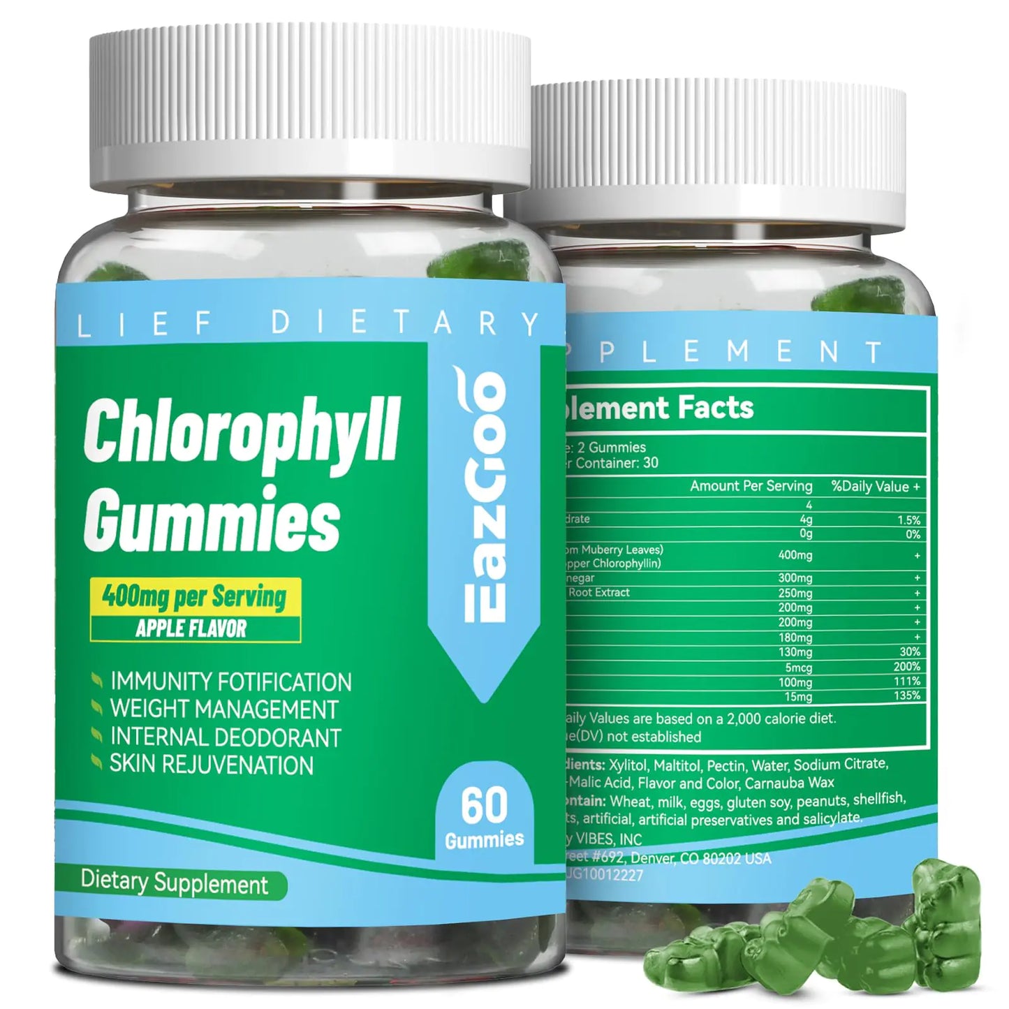 Sugar Free Chlorophyll Gummies Apple Cider Vinegar Vitamin B12 - Natural Deodorant*Supports Healthy Skin & Body Detox* Immune & Digestion Support Chewable Supplement - 60 Count - Premium Supplements
