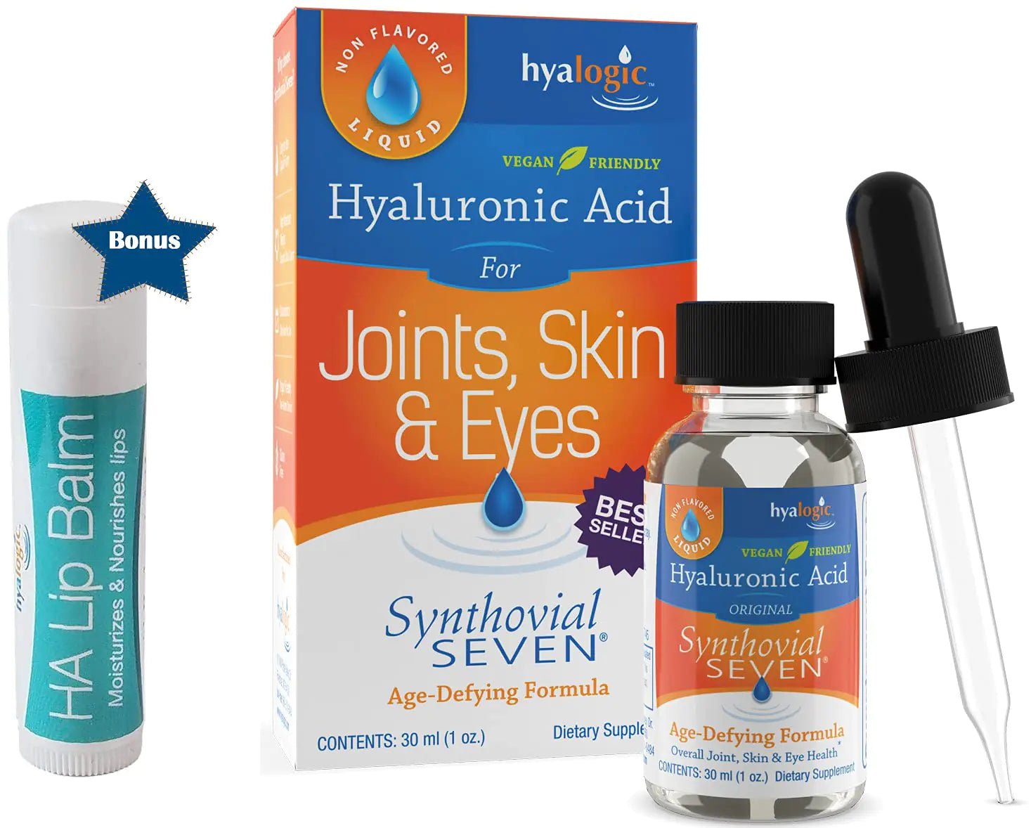 Hyalogic Liquid Synthovial Seven - Oral Hyaluronic Acid Supplement 1oz with Bonus Lip Balm HA Stick - Skin Body and Lip Hydration - Premium Supplements