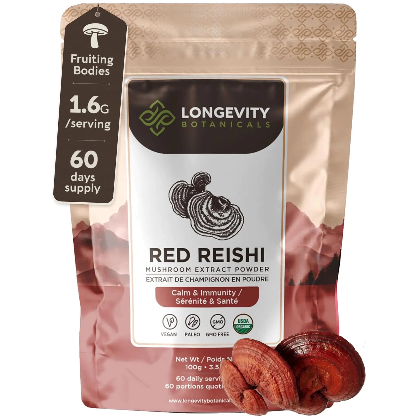 Longevity Botanicals Organic Reishi Mushroom Powder - Reishi Mushroom Extract Supplement - Promotes Balanced Immune System Relaxation Stress Relief Improved Sleep - 100% Fruiting Body - 100 Grams - Premium Supplements