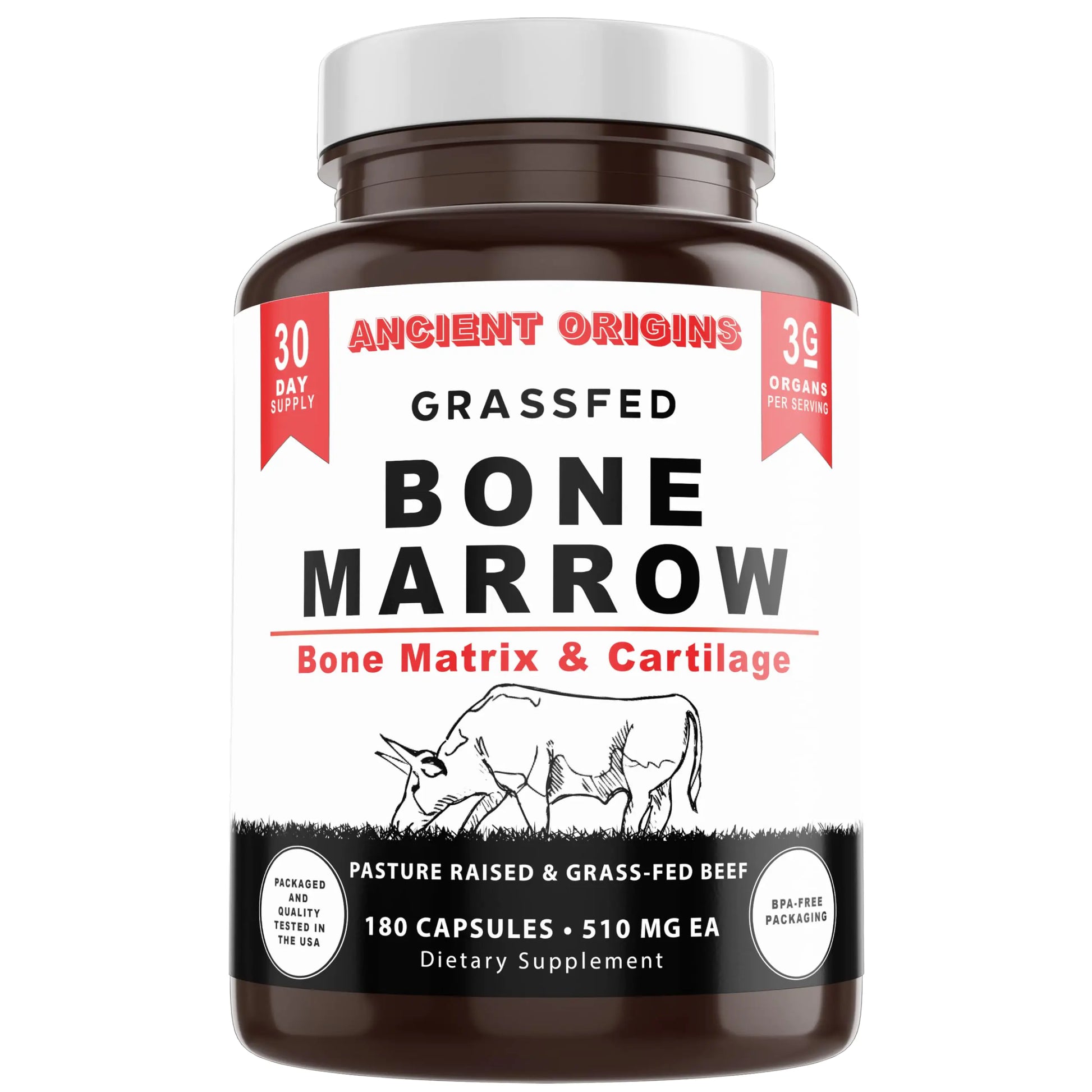 Ancient Origins Grass Fed Bone Marrow Supplement 3060mg Skin Oral Health and Joint Support Supplement Promotes Whole - Body Wellness Non GMO Whole Bone Extract 180 Capsules - Premium Supplements