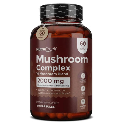 NutraCreek Mushroom Complex | Cordyceps Mushroom Reishi Shiitake Maitake and Lions Mane Supplement. A 10 - Mushroom Supplement to Support Your Mind and Body | 180 Mushroom Capsules - Premium Supplements
