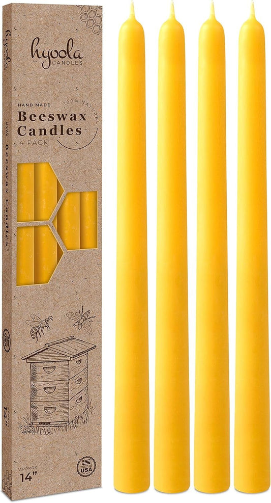 16" Beeswax Taper Candles - 16 Hour Burn Time - Yellow Beeswax Candles - 4 Pack - Premium Supplements