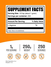 Bulksupplements L - Arginine Powder - Arginine Supplement - Unflavored, 1G per Serving, 250G (8.8) - Premium Supplements