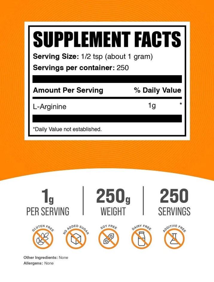 Bulksupplements L - Arginine Powder - Arginine Supplement - Unflavored, 1G per Serving, 250G (8.8) - Premium Supplements