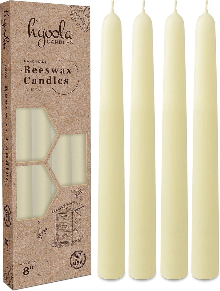 8" Beeswax Taper Candles - 8 Hour Burn Time - White Beeswax Candles - 4 Pack - Premium Supplements