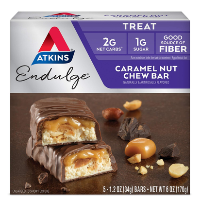 Endulge Caramel Nut Chew Bar, Dessert Favorite, 1G Sugar, Good Source of Fiber, 5 Count - Premium Supplements