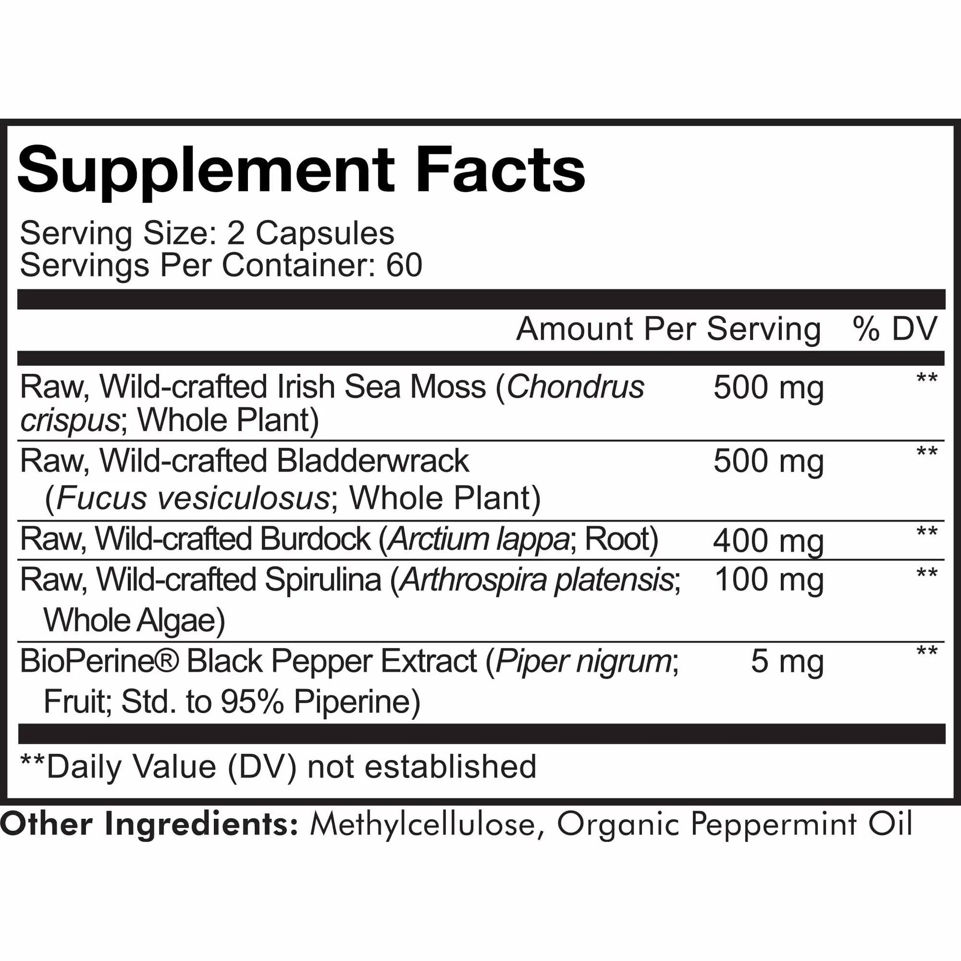 Raw Wildcrafted Irish Sea Moss, Bladderwrack, Burdock Root, Spirulina & Bioperine® Pepper, 120 Ct
