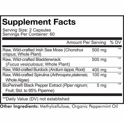 Raw Wildcrafted Irish Sea Moss, Bladderwrack, Burdock Root, Spirulina & Bioperine® Pepper, 120 Ct