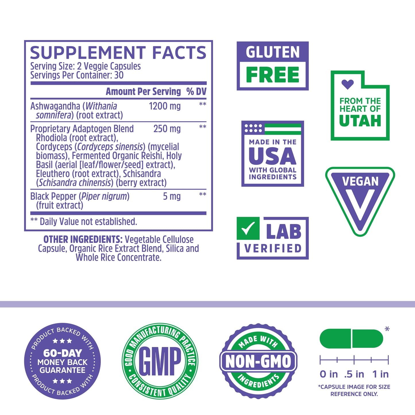 Ashwagandha, Natural Adaptogenic Supplement for Stress, Anxiety, Fatigue & Mood Support, Rhodiola, Holy Basil, Cordyceps, Reishi, 30 Servings, 60 Count