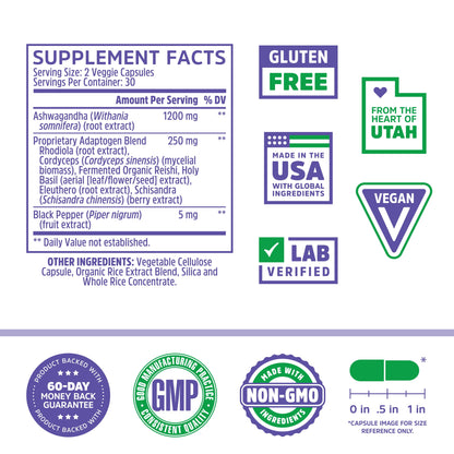 Ashwagandha, Natural Adaptogenic Supplement for Stress, Anxiety, Fatigue & Mood Support, Rhodiola, Holy Basil, Cordyceps, Reishi, 30 Servings, 60 Count