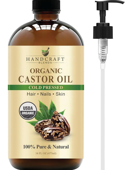 Cold - Pressed Organic Castor Oil in Glass Bottle - 16 Fl Oz - 100% Pure and Natural - Premium Grade Carrier Oil for Hair Growth, Eyelashes and Eyebrows - Hair and Body - Premium Supplements