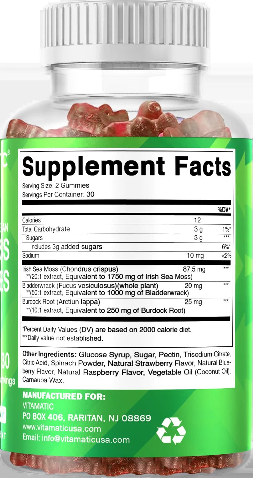 Irish Sea Moss Gummies - 3000 Mg - 60 Vegan Gummies - Made with Bladderwrack & Burdock Root - Seamoss Supplement for Thyroid, Energy, Immune Support - Premium Supplements