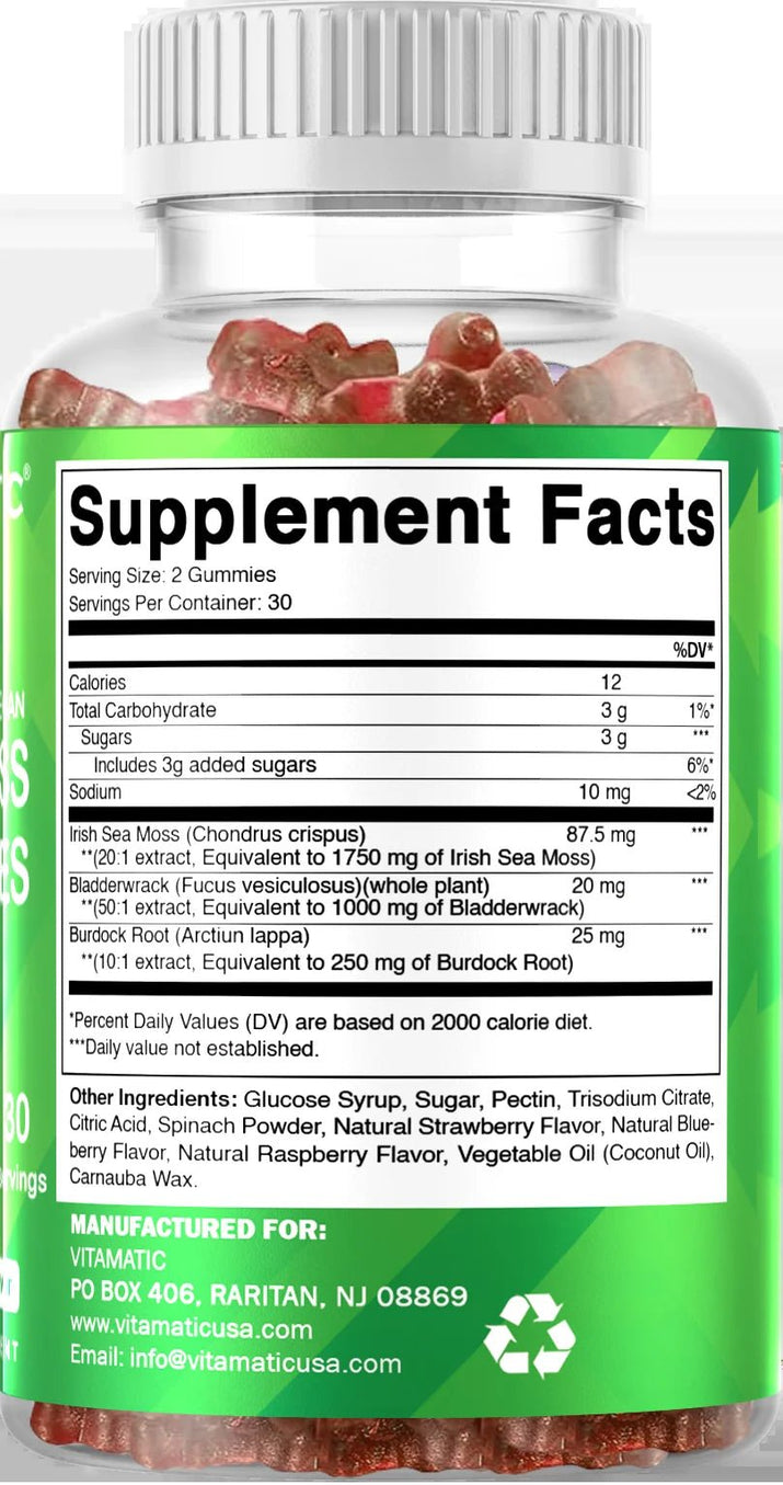 Irish Sea Moss Gummies - 3000 Mg - 60 Vegan Gummies - Made with Bladderwrack & Burdock Root - Seamoss Supplement for Thyroid, Energy, Immune Support - Premium Supplements