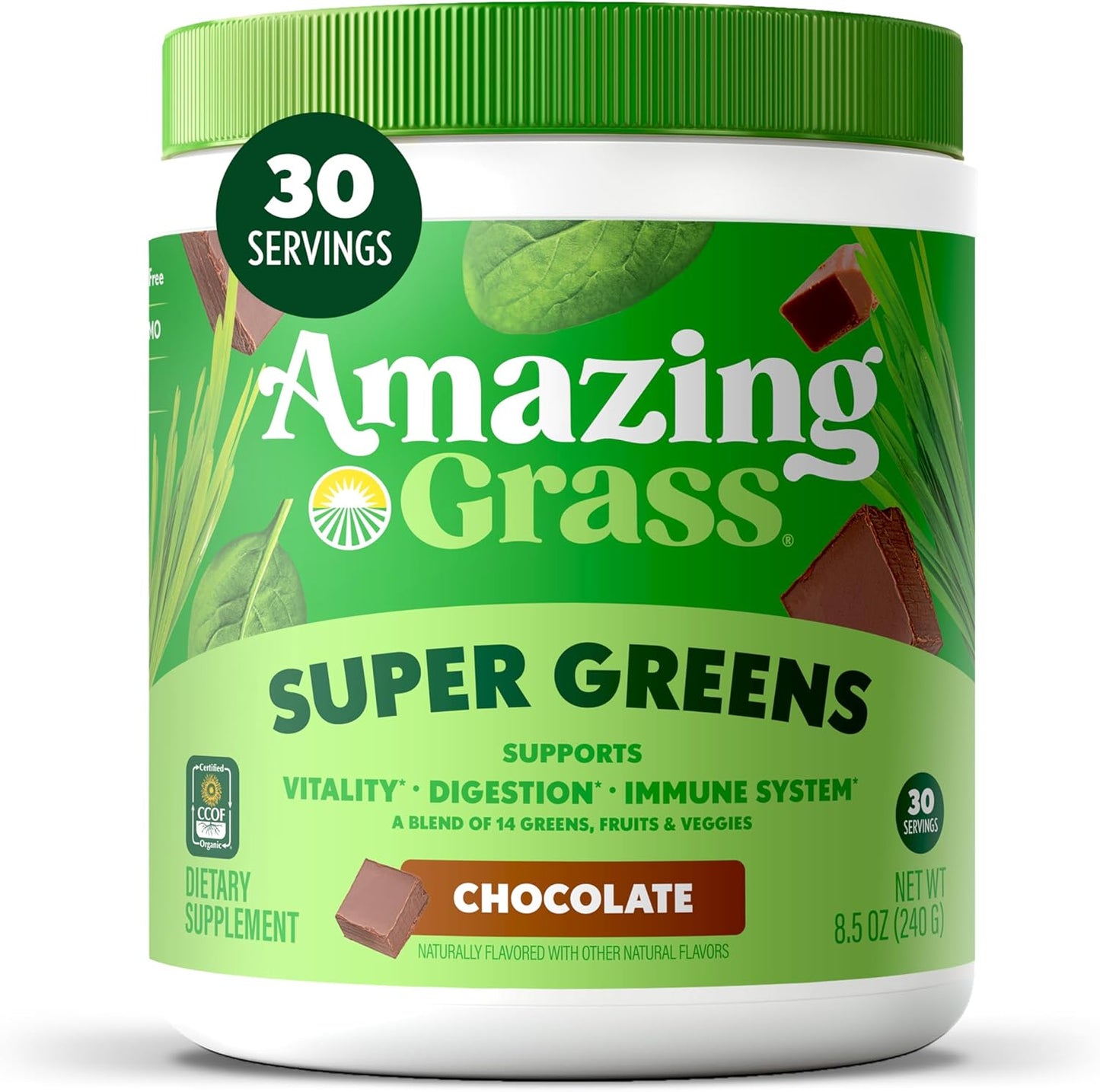 Greens Superfood Powder: Greens Powder with Digestive Enzymes & Probiotics, Organic Spirulina, Chlorella, and Beet Root Powder, Chocolate, 30 Servings - Premium Supplements