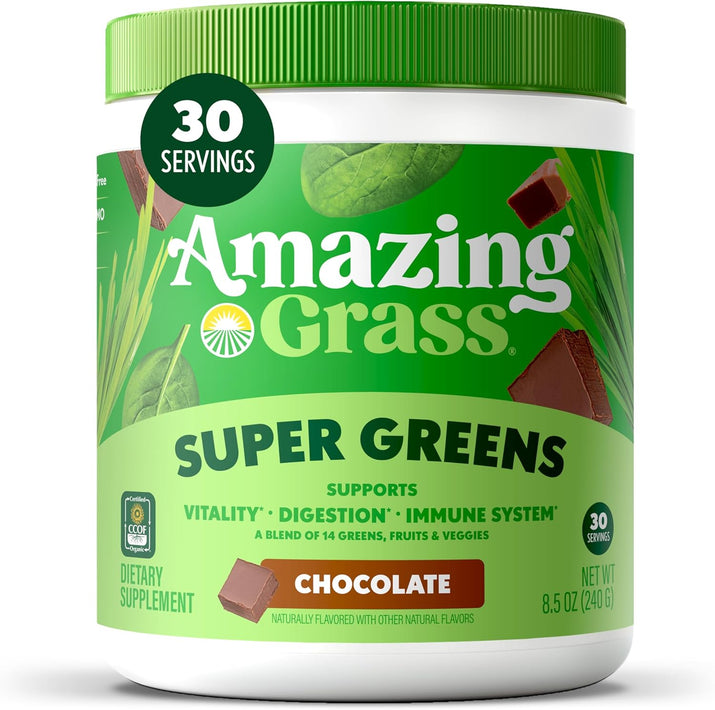 Greens Superfood Powder: Greens Powder with Digestive Enzymes & Probiotics, Organic Spirulina, Chlorella, and Beet Root Powder, Chocolate, 30 Servings - Premium Supplements