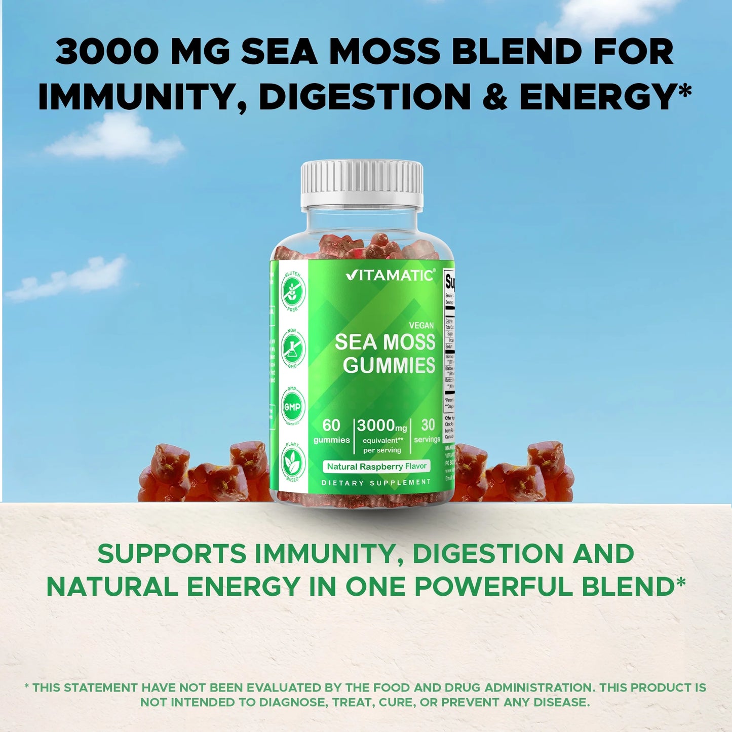 Irish Sea Moss Gummies - 3000 Mg - 60 Vegan Gummies - Made with Bladderwrack & Burdock Root - Seamoss Supplement for Thyroid, Energy, Immune Support - Premium Supplements