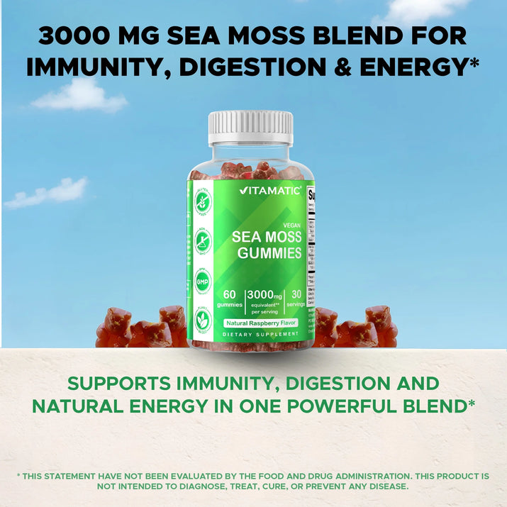 Irish Sea Moss Gummies - 3000 Mg - 60 Vegan Gummies - Made with Bladderwrack & Burdock Root - Seamoss Supplement for Thyroid, Energy, Immune Support - Premium Supplements