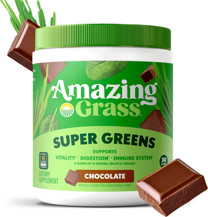 Greens Superfood Powder: Greens Powder with Digestive Enzymes & Probiotics, Organic Spirulina, Chlorella, and Beet Root Powder, Chocolate, 30 Servings - Premium Supplements