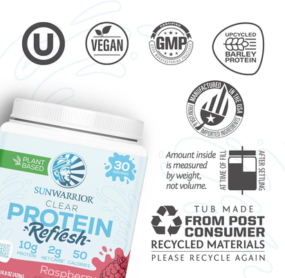 Clear Protein Powder Plant - Based Protein Water Mix, Vegan Protein and Refreshing Hydration Powder Additive | 10G Protein per Serving | Raspberry Flavored | 420G Tub 30 Servings | Clear Protein Refresh - Premium Supplements