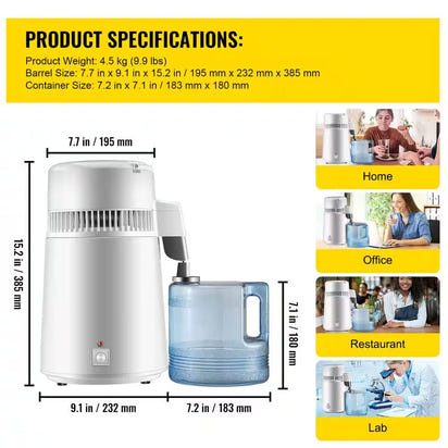 Pure Water Distiller 750W Fully Upgraded with Handle 1.1 Gal. /4L BPA Free Container Perfect for Home Use White - Premium Supplements